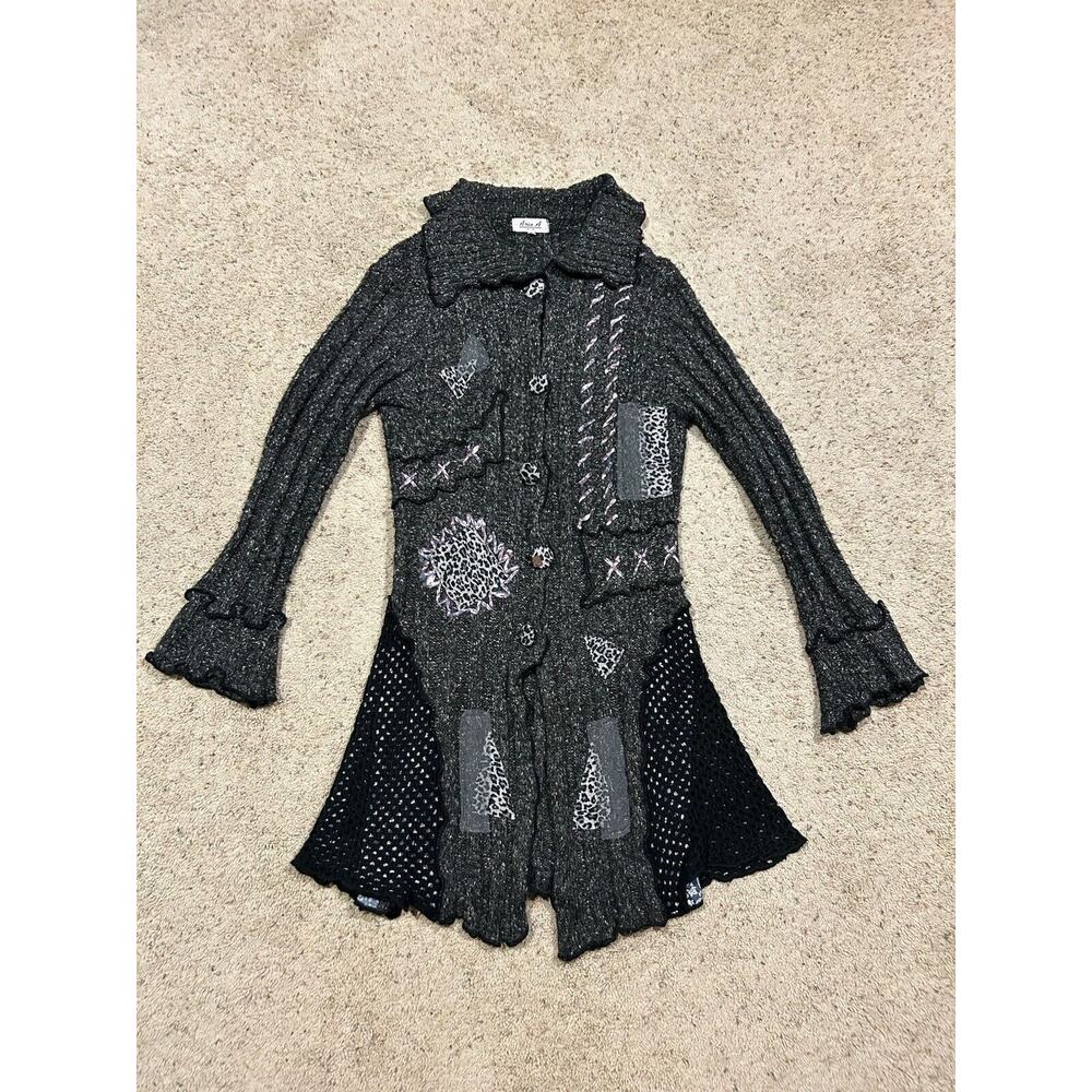 Vintage Ania A Size L Cardigan Duster Wool Blend Patchwork Y2K Button Close E24
